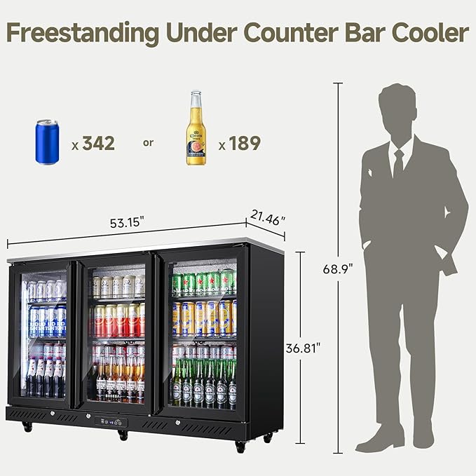 BODEGACOOLER Commercial Bar Cooler With 3 Glass Doors,12 Cu.Ft Counter Height Back Beverage Refrigerator,Display Bar Fridge with LED Lighting,Beverage Cooler for Beer Stainless Steel Top,With Casters