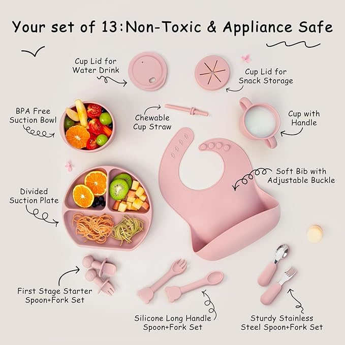 Baby Feeding Set, 13PCS Silicone Baby Self Feeding Set, Toddler Led Weaning Utensils Set with Suction Bowl and Plate, 3 Set of Baby Spoon and Fork, Adjustable Bid, Sippy Cup with Straw and 2 Lids