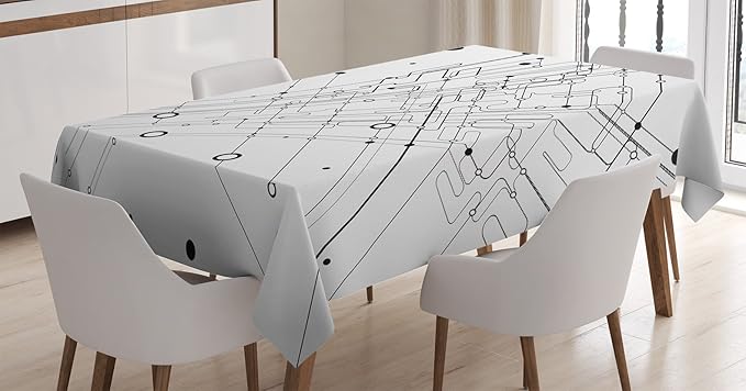 Ambesonne Abstract Tablecloth, Technology Geek Inspired Modern Disc Cable Like Cool Design Artwork Print, Rectangular Table Cover for Dining Room Kitchen Decor, 60" X 84", White Charcoal