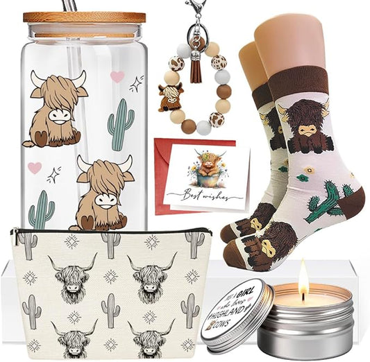 6PCS Highland Cow Cup Gifts for Women, Cute Cows Themed Stuff 16 oz Glass Cups with Lids and Straws, Highland Cow Christmas Birthday Gifts for Coffee Lovers, Women, Cowgirls, Girls, Mom-4