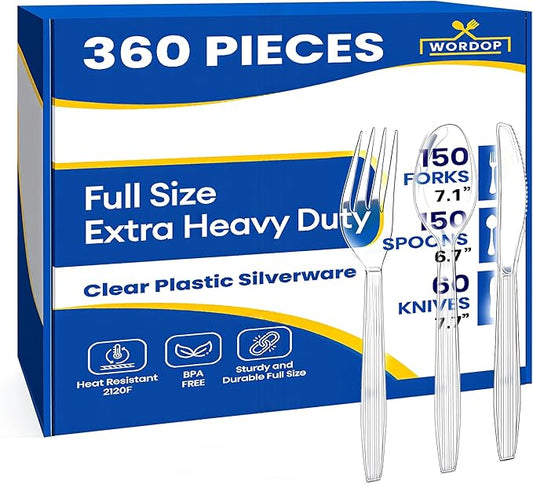 360 Count Extra Heavy Duty Plastic Silverware Set – Heat Resistant & BPA Free Disposable Silverware Cutlery 150 Forks, 150 Spoons, 60 Knives – Clear Premium Plastic Utensils for Parties & Events