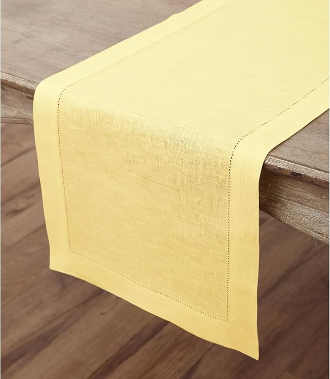 Solino Home Linen Yellow Table Runner 108 Inches Long - 100% Pure Linen 14 x 108 Inch Table Runner - Classic Hemstitch