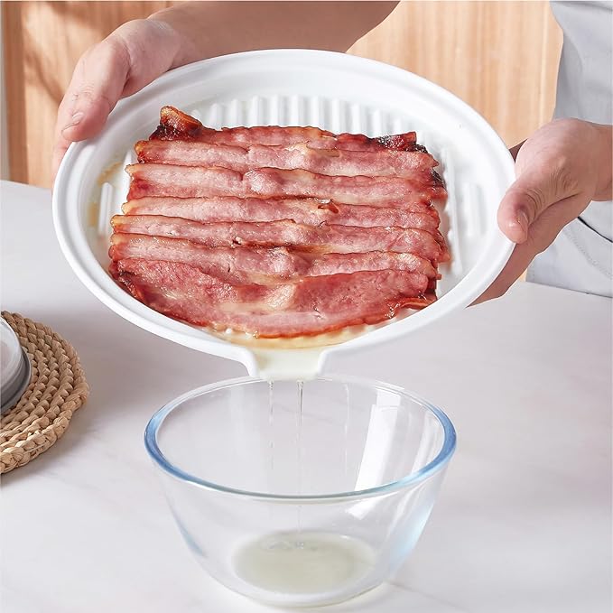 ONEMORE Microwave Bacon Tray Ceramic Bacon Cooker Meat Rack for Oven Cooking Crispy Bacon Maker - 11 inch Round Bacon Dish Plate, White