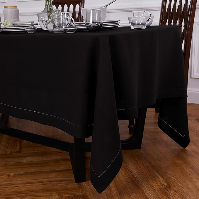 Solino Home Linen Tablecloth 70 x 132 Inch - Sonoma Hemstitch 100% Pure Linen Black Table Cloth for Rectangle Tables - Machine Washable Tablecloth for Winter, New Year