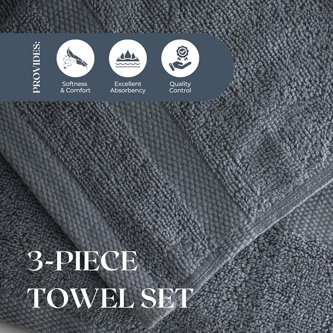 Egyptian Cotton Towel Set - 3 Piece | Ultra Soft 100% 600 GSM Towels | 1 Bath, 1 Hand, 1 Washcloth | Quick Dry, Durable for Bathroom, Home, Spa, Gym | Premium Towel Set (Dark Gray)