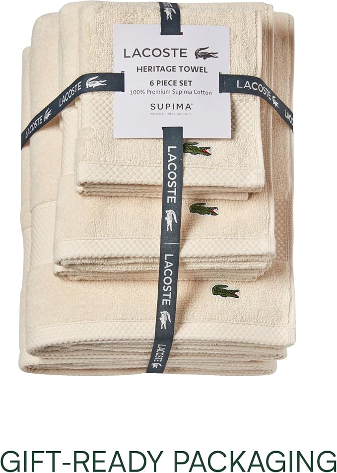 Lacoste Heritage Supima Cotton 6-Piece Towel Set, 2 Bath Towels, 2 Hand Towels, 2 Washcloths, Chalk – Highly Absorbent & Quick Drying, Bathroom Essential, Machine Washable