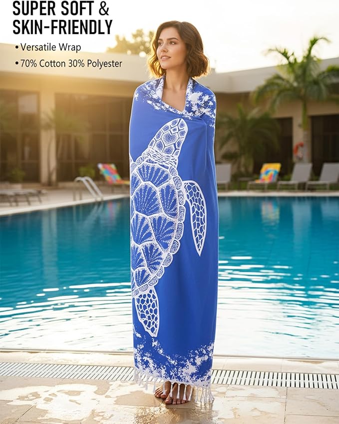 Oversized Turkish Beach Towel Blanket Cotton Giant XL Sandproof Towels Huge Linen XXL Extra Large Big Throw Quilt Blankets for Adults Blue Turtle