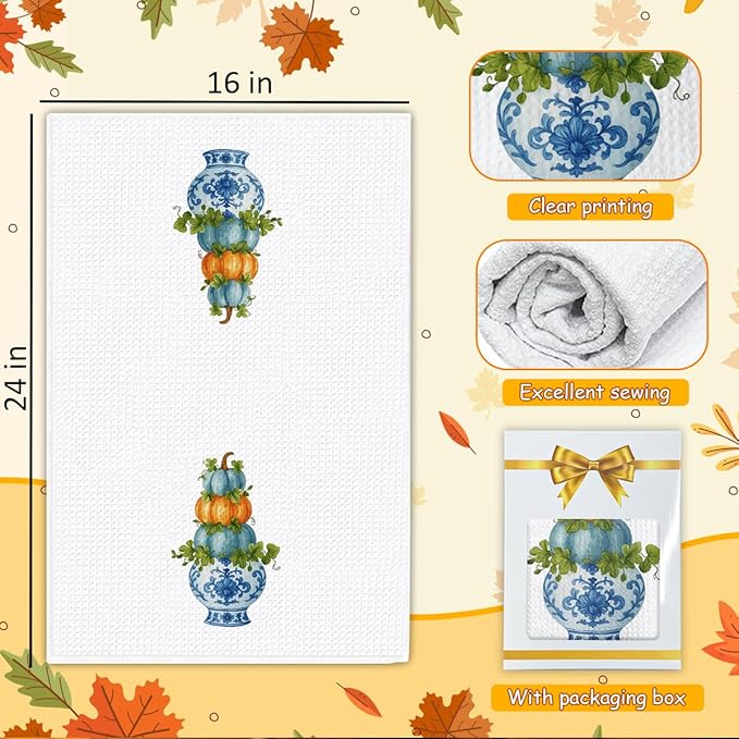 Chinoiserie Fall Pumpkin Hand Towels for Kitchen Decor,1PCS Blue and White Porcelain Thanksgiving Tea Dish Towel,Farmhouse Pumpkin Decor for Bathroom,Anthropology Autumn Gifts for Women-B03