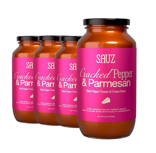 Sauz | Cracked Pepper and Parmesan Sauce (4 Jars) Thick & Creamy- Gluten-Free, Non-GMO, and 100% Delicious - Crafted in Small Batches for Michelin-Star Delight - Clean ingredients