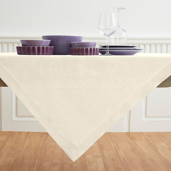 Solino Home Linen Ivory Tablecloth 52 x 52 Inch - 100% Pure Linen Square Table Throw - Fete, Machine Washable Table Cloth for Holiday, New Year