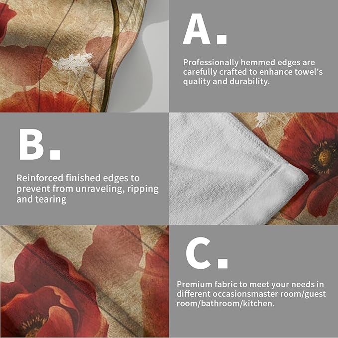 Imiss Red Poppy Flower Hand Towels Set of 2 - Rustic Brown Wooden Multi-Purpose Guest Kitchen Towel 14.4 x 28.3 Inch for Face Bathroom Gym Spa