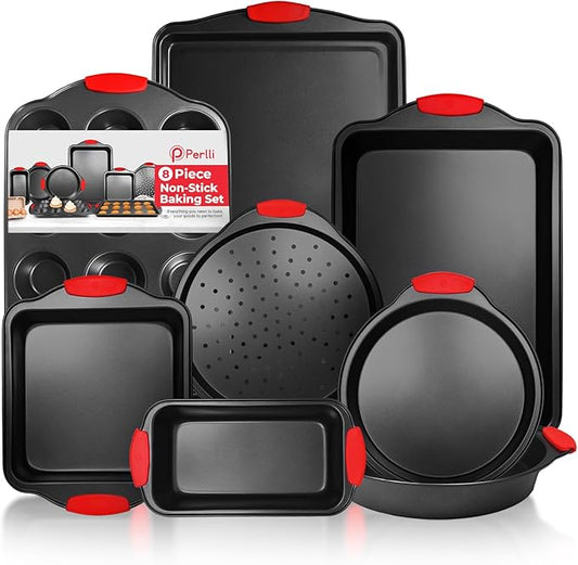 PERLLI Non-Stick 8-Piece Baking Pan Set, BPA-Free Carbon Steel Bakeware Set with Silicone Handles, Stackable Kitchen Oven Set, Cookie Sheet, Baking Tray, Baking Sheet Set, Oven Safe (446°F)