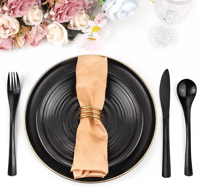 Bysta 12 Piece Black Silverware Set, Knife Fork Spoon Set, Stainless Steel Flatware Cutlery Set, Kitchen Utensil Set Service for 4, Tableware Set for Home and Restaurant, Dishwasher Safe, Satin Finish