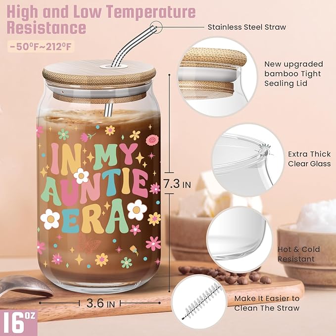 Christmas Day Gifts for Aunt Auntie - Funny Mother’s Day Birthday Gifts from Niece for Auntie New Aunt - 16 Oz Glass Coffee Cup