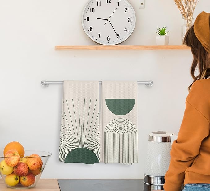 Beige Green Abstract Sunrise Kitchen Towels and Dishcloths Set of 2, Bohemian Sun Decorative Towels, Green Moon Drying Cloth Hand Towels for Bohemian Bathroom Kitchen Decor, 16×24 Inches