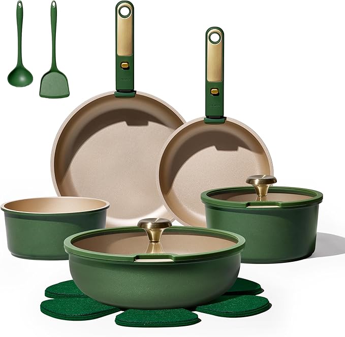CAROTE Green&Gold Nonstick Cookware Set,15Pcs Pots and Pans Set Non Stick Detachable/Removable Handle,Kitchen Cooking Set Dishwasher Safe, RV Kitchen Pot and Pan, Induction Cookware