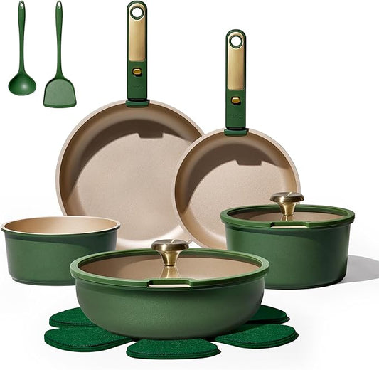 CAROTE Green&Gold Nonstick Cookware Set,15Pcs Pots and Pans Set Non Stick Detachable/Removable Handle,Kitchen Cooking Set Dishwasher Safe, RV Kitchen Pot and Pan, Induction Cookware