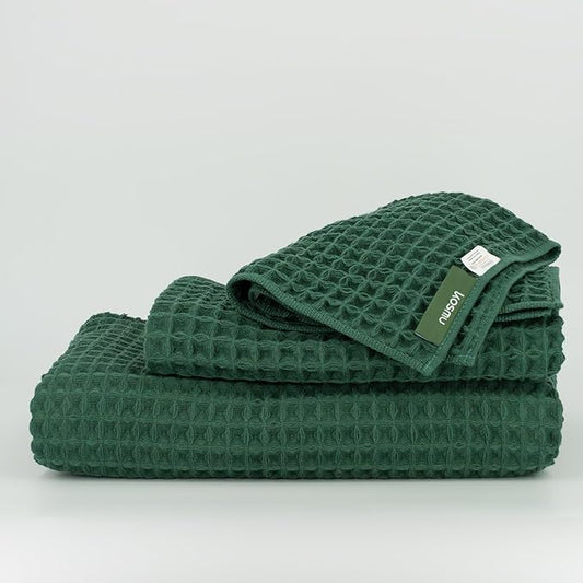 Luxury Organic Japanese Cotton Waffle Bath Towel | Thick, Absorbent, Quick Dry Bathroom Towels for Shower, Sauna, Onsen| Hotel & Spa Quality, Gift-Ready (Forest Green, Bath Towel Set (3-Piece))