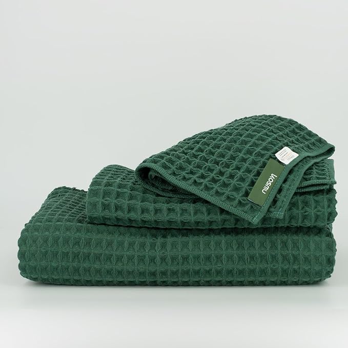 Luxury Organic Japanese Cotton Waffle Bath Towel | Thick, Absorbent, Quick Dry Bathroom Towels for Shower, Sauna, Onsen| Hotel & Spa Quality, Gift-Ready (Forest Green, Bath Sheet Set (3-Piece))