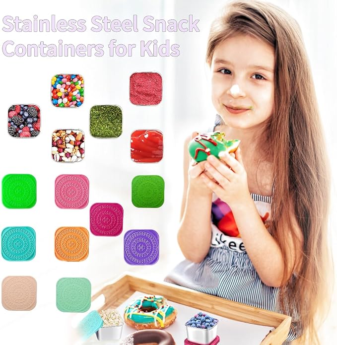 6Pack Stainless Steel Snack Containers for Kids, Easy Open Leak Proof Metal Toddler Snack Containers with Silicone Lids, Stackable Metal Toddler Lunch Box for Daycare, School and Travel (6oz)