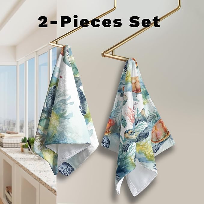 Sea Turtle Kitchen Towels Summer Corals Hand Towel Ocean Animal Dish Towel 14.4 X 28.3 in Soft Absorbent Cotton Towels for Bathroom Kitchen Decorations
