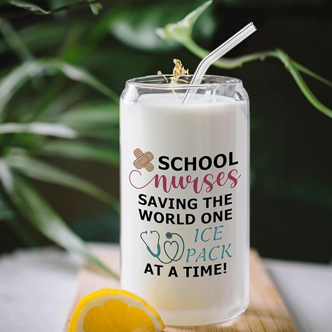 School Nurse Gifts Glass Cup Lids and Straws 14oz, Nurse Appreciation for Nursing Students Glass Iced Coffee Tumbler Drinking Jars with Cleaning Brush