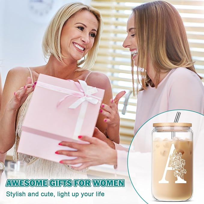 Gifts for Women, Birthday Christmas Mothers Day Thank You Gifts, Personalized Monogrammed Gifts for Sister Mom Friend Wife Gift Ideas 2024 A Coffee Iced Cute Glass Cups with Lids and Straws