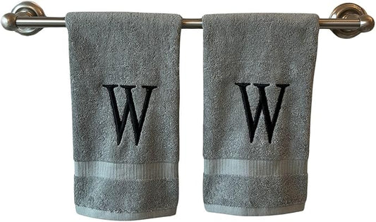 Gray Initial Hand Towel for Bathroom - Monogrammed Luxury Hotel Quality Decorative Embroidered Towel for Powder Room, Spa - GOTS Organic Certified - Set of 2 Black Letter W