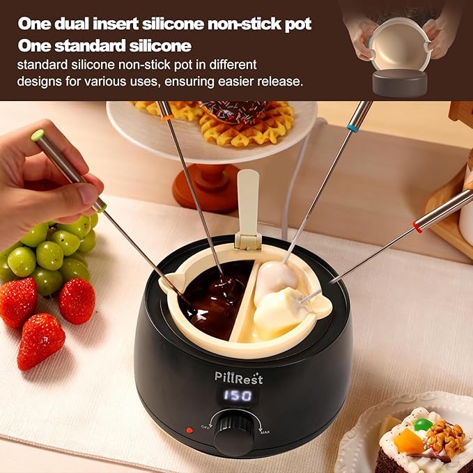 Chocolate Melting Pot, Electric Candy Melter with 2 Non-Stick Silicone Bowls, Digital Display for Real-Time Temperature Control, Fondue Warmer Set for Dipping Chocolate, Cheese, Candy & Cake Pop