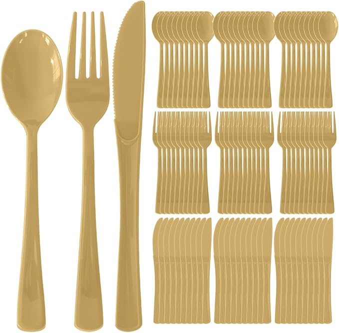 150 Pack Disposable Plastic Silverware, Heavy Duty Gold Plastic Cutlery Set Includes 50 Forks 50 Knives 50 Spoons for Birthday Wedding Party Picnics (150, Gold)
