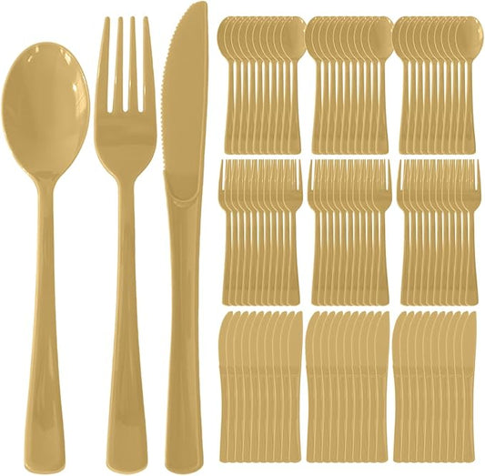 150 Pack Disposable Plastic Silverware, Heavy Duty Gold Plastic Cutlery Set Includes 50 Forks 50 Knives 50 Spoons for Birthday Wedding Party Picnics (150, Gold)