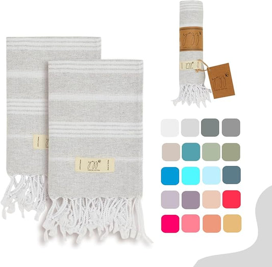 Hand Towels - Set of 2, 18" x 30" inches, Turkish Cotton, Decorative Peshtemal Hand Towels for Kitchen, Bath, Guest, Face, Hair, Gym, Yoga, Travel (Light Grey)
