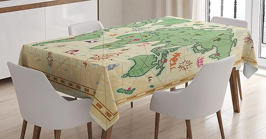 Ambesonne World Map Tablecloth, Retro Map of The World with Trees Volcanos and Mountains Boho Artprint, Rectangular Table Cover for Dining Room Kitchen Decor, 60" X 90", Cream Green