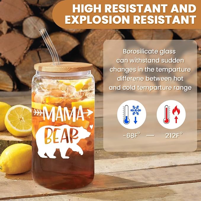 Gifts for Mom from Daughter Son - Mom 16 Oz Can Glass Coffee Cup with Bamboo Lid & Straw - Mothers Gift for Women on Birthday Mothers Day