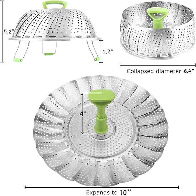 Consevisen Vegetable Steamer Basket for Cooking Food, Stainless Steel Veggie Steam Basket for Pot, Folding Expandable Steaming Insert with Extendable Handle Fits Various Size Pot, 6.4" to 10"