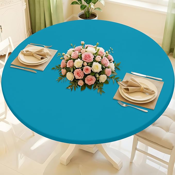 Round Spandex Tablecloth, Elastic Fitted Waterproof Tablecloths for 18"-24" Tables, Stretch Washable Picnic Table Cover for Camping, Dining, Indoor and Outdoor, Turquoise