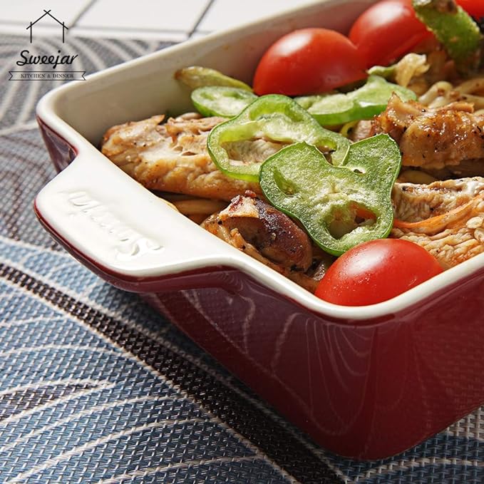 Sweejar Ceramic Baking Dish, Rectangular Small Baking Pan with Double Handles, 20 Oz for Cooking, Brownie, Kitchen, 6.5 x 4.9 x 1.8 Inches(Red)