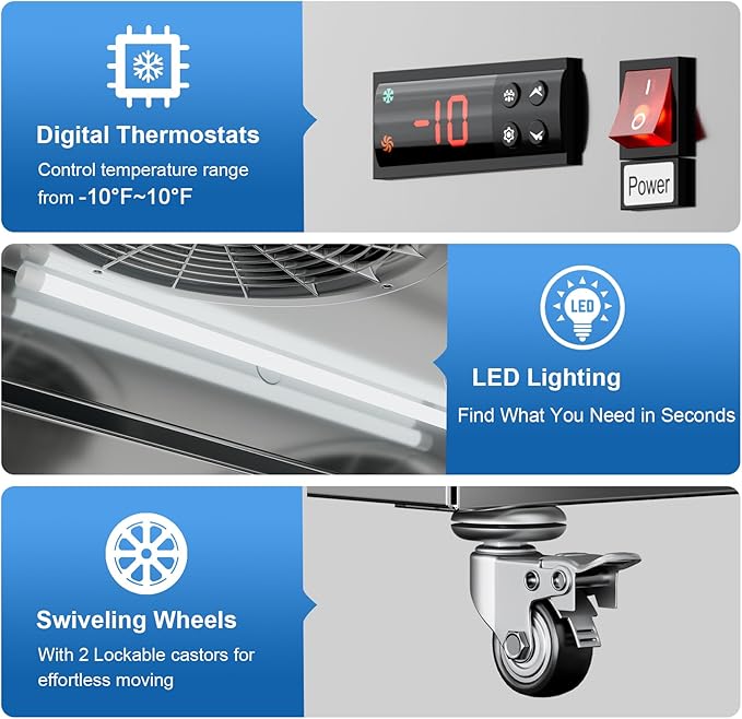 Commercial Freezer 2 Door Upright Freezers with 8 Adjustable Shelves, 54"W Stainless Steel Reach-in, Temp Control -10℉ ~ 10℉, 49 Cu.ft for Restaurant Kitchen Bar Garage, ETL and DOE Approved