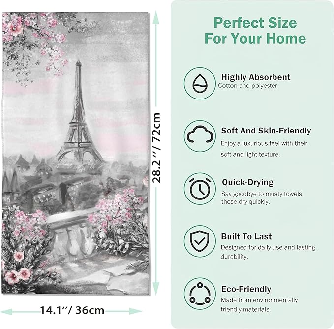 Eiffel Tower 2 Pack Hand Towels for Bath,Gray and Pink Rose and Leaf DecorativeTowels for Bathroom Kitchen Absorbent Soft Towels Face Towel 14x28 Inch
