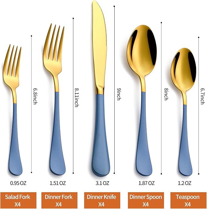 20 Piece Gold and Blue 18/0 Flatware Utensil Set for 4, Include Dinner Knife,Dinner Forks,Dinner Spoons,Salad Forks,Teaspoons,Silverware Set for 4, Dishwasher Safe