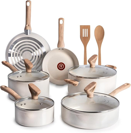 T-Fal Revive Ceramic Nonstick Cookware Set, Oven Safe Up to 350ºF, 12-Piece, Includes Stockpot, Saucepan, Skillet, Frying Pans, Utensils, Ceramic Pots and Pans Set, Beige Granite