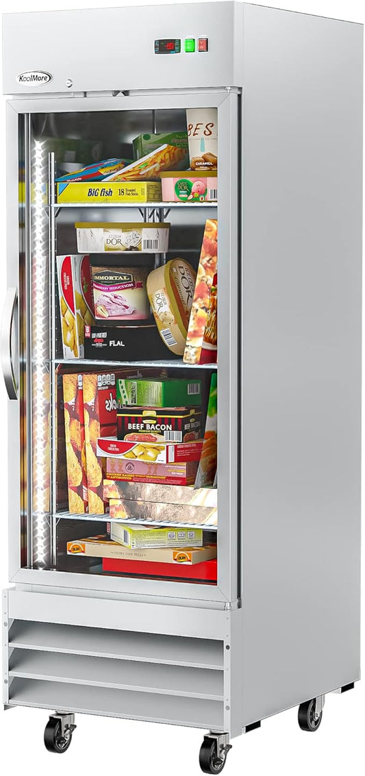 KoolMore Commercial Stainless-Steel Upright Freezer with Reach-In Self-Close Glass Door, 3 Storage Shelves, Heavy-Duty Caster Wheels, Frost-Free Temperature Control - 23 Cu.Ft [Silver] (RIF-1D-GD)