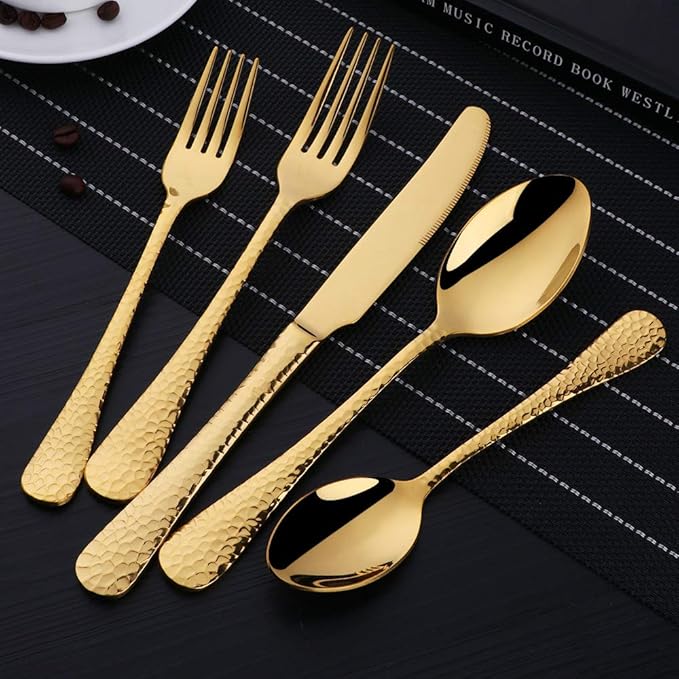 5-Piece Gold Silverware Flatware Set Service for 1 Stainless Steel Cutlery Set Include Dinner Knife Table Fork Table Spoon Salad Fork Tea Spoon for Wedding, Dishwasher Safe