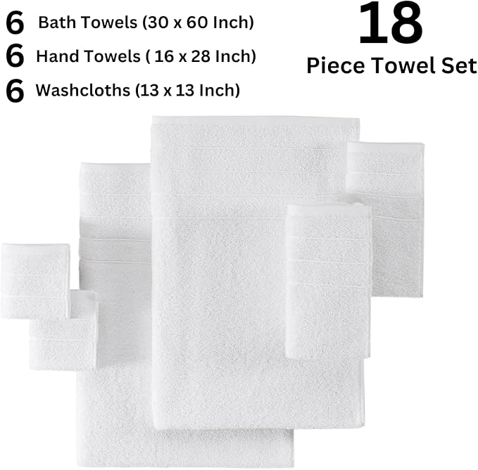 Casa Platino 100% Cotton Luxury Bathroom Towel Set - 18 Pcs - Super Soft, Fluffy & Highly Absorbent - 6 Large Bath Towels, 6 Washcloths, 6 Hand Towels - Complete Family Pack - White Bath Towel Set
