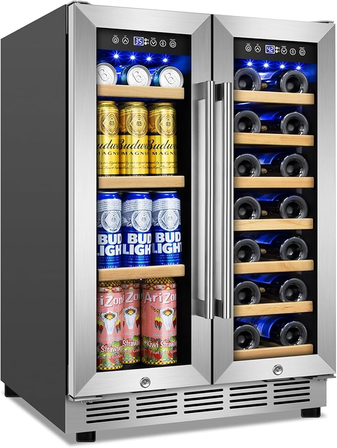 Wine and Beverage Refrigerator, 24 Inch Beverage Cooler Dual Zone with Glass Door, Built-in/Freestanding Beverage Fridge with Upgraded 20 Bottles and 90 Cans Large Capacity