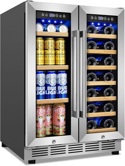 Wine and Beverage Refrigerator, 24 Inch Beverage Cooler Dual Zone with Glass Door, Built-in/Freestanding Beverage Fridge with Upgraded 20 Bottles and 90 Cans Large Capacity