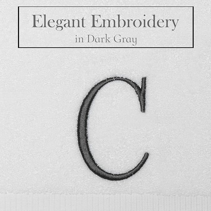 Dark Gray Initial Hand Towel for Bathroom - Monogrammed Luxury Hotel Quality Decorative Embroidered Towel for Powder Room, Spa - GOTS Organic Certified - Pack of 2, Letter C