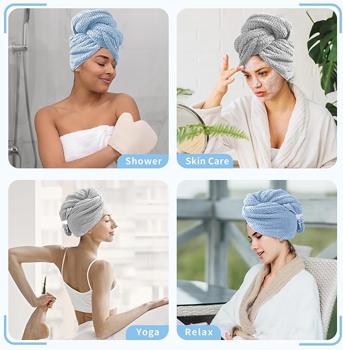2 Pack Extra Large Microfiber Hair Towel Wrap for Women, 37.4" x 26.4" Super Absorbent & Quick Dry with Elastic Strap for Curly Hair (Blue)