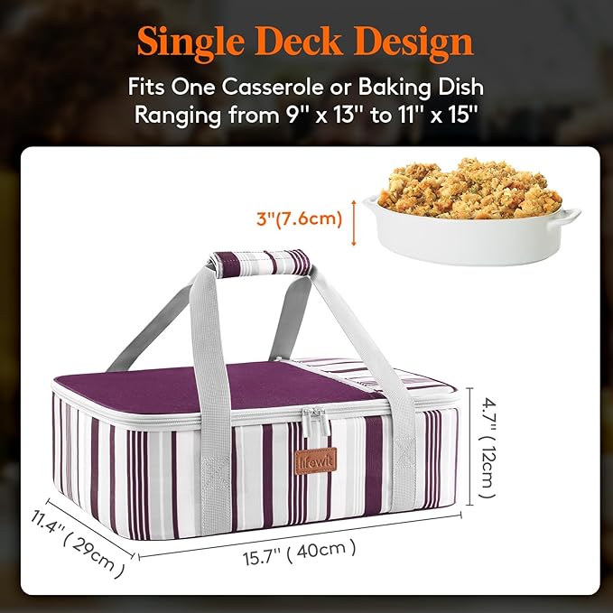 Lifewit Insulated Casserole Carrier for Hot or Cold Food, Casserole Dish with Lid and Carrying Case, Lasagna Holder for Potluck Parties/Picnic/Cookouts, Fits 9"x13" Baking Dish, Purple