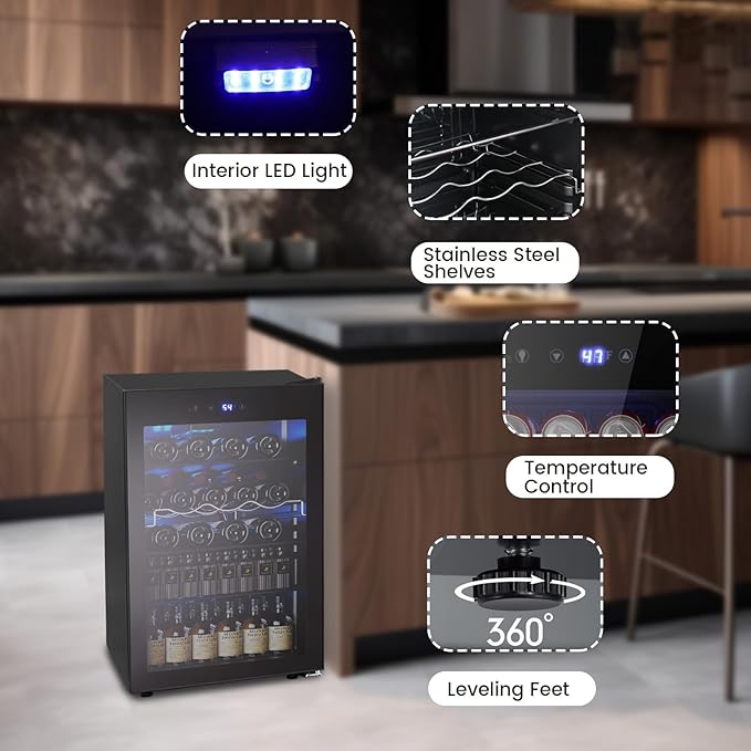 37 Bottle Wine Fridge,Freestanding 145 Can Beverage Refrigerator with Smart Temperature Control，4.5 CU FT Quiet Mini Fridge with Child Lock Panel for Family Restaurant Bar, Black
